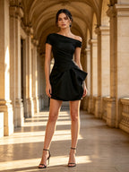 Black One-Shoulder Draped Sleeveless Mini Cocktail Dress