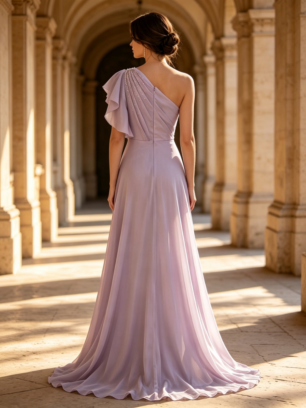 Lavender One-Shoulder Ruffled Beaded Chiffon Sleeveless Evening Dress