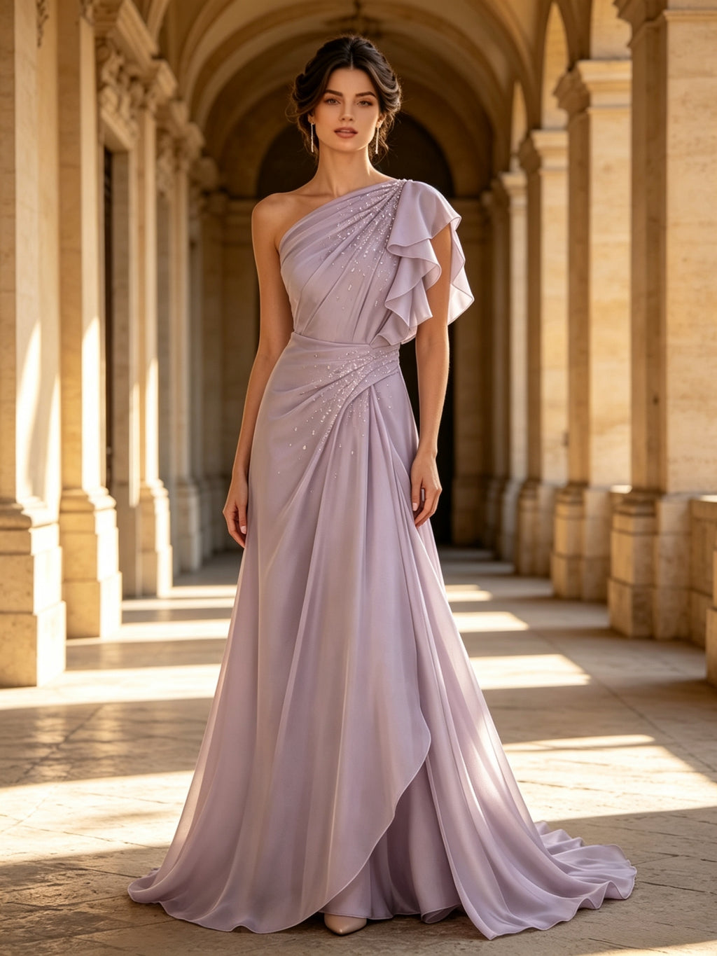 Lavender One-Shoulder Ruffled Beaded Chiffon Sleeveless Evening Dress