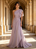 Lavender One-Shoulder Ruffled Beaded Chiffon Sleeveless Evening Dress