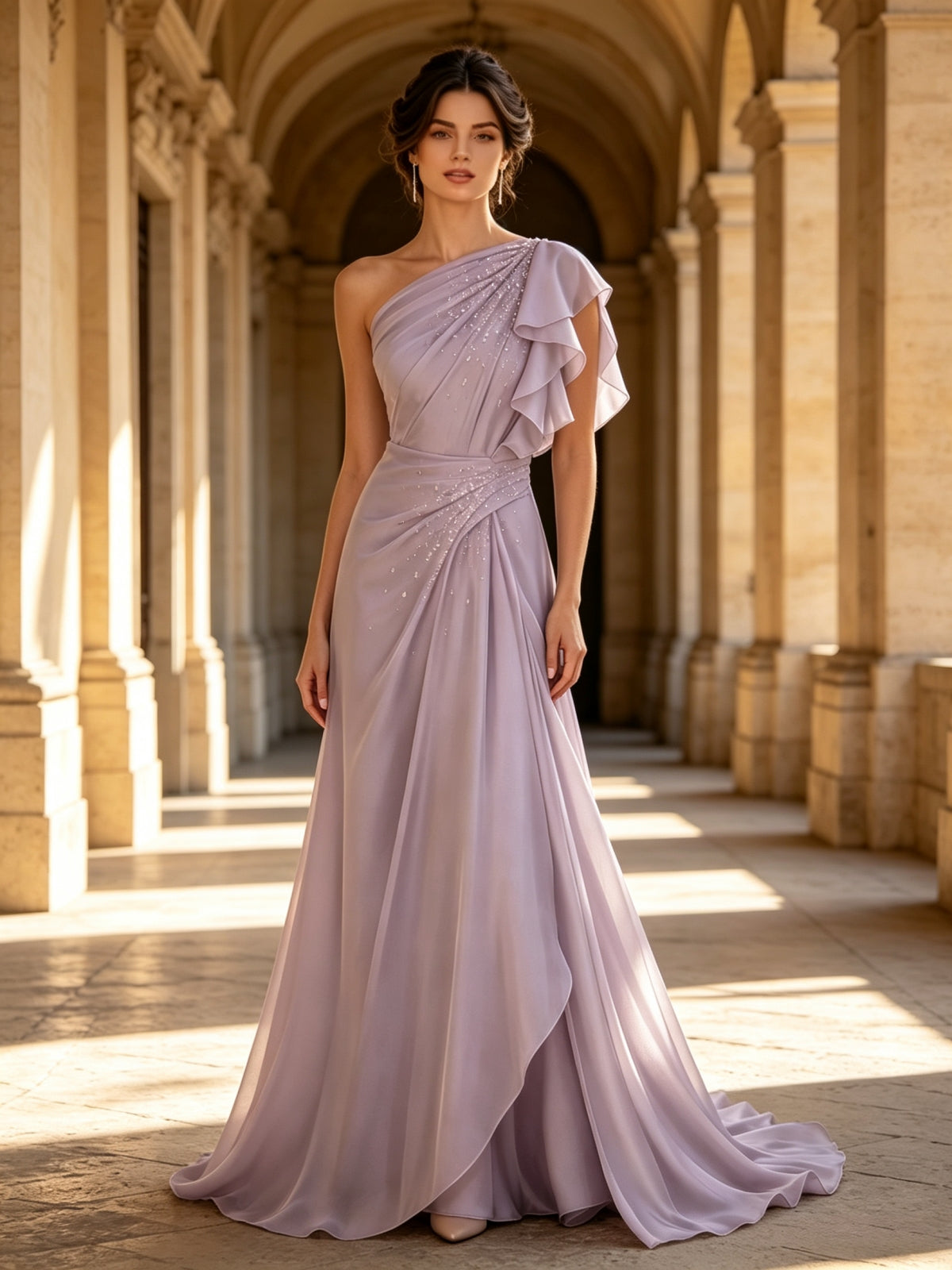 Lavender One-Shoulder Ruffled Beaded Chiffon Sleeveless Evening Dress