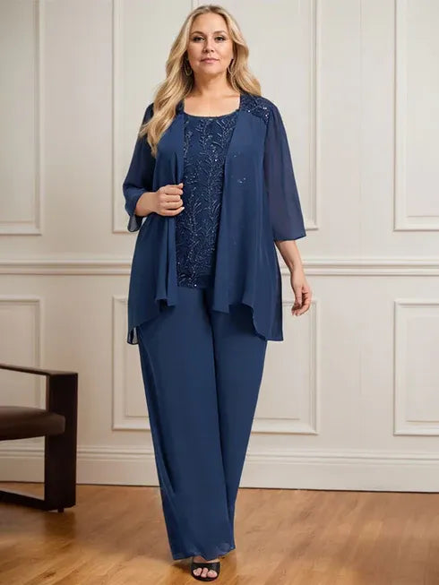 Conjunto separado mono/pantalón con escote redondo, encaje y gasa largo hasta el suelo para madre de la novia con lentejuelas