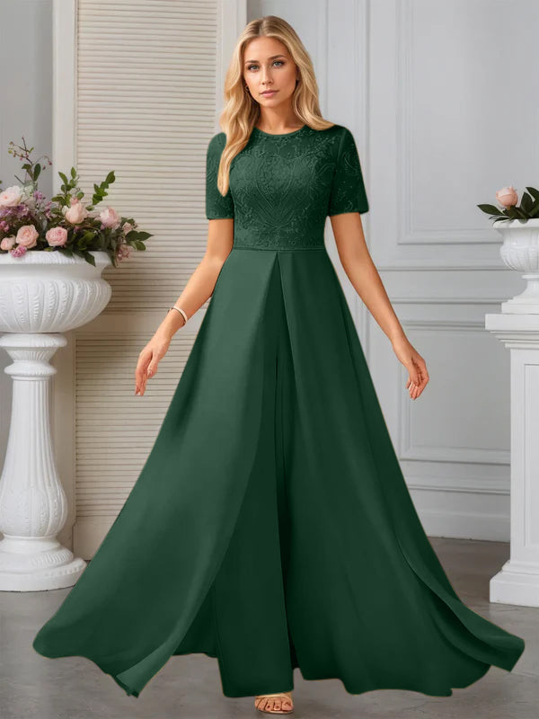 Jumpsuits Illusion Scoop Floor-Length Lace Chiffon Evening Dress With Overskirt Sequins