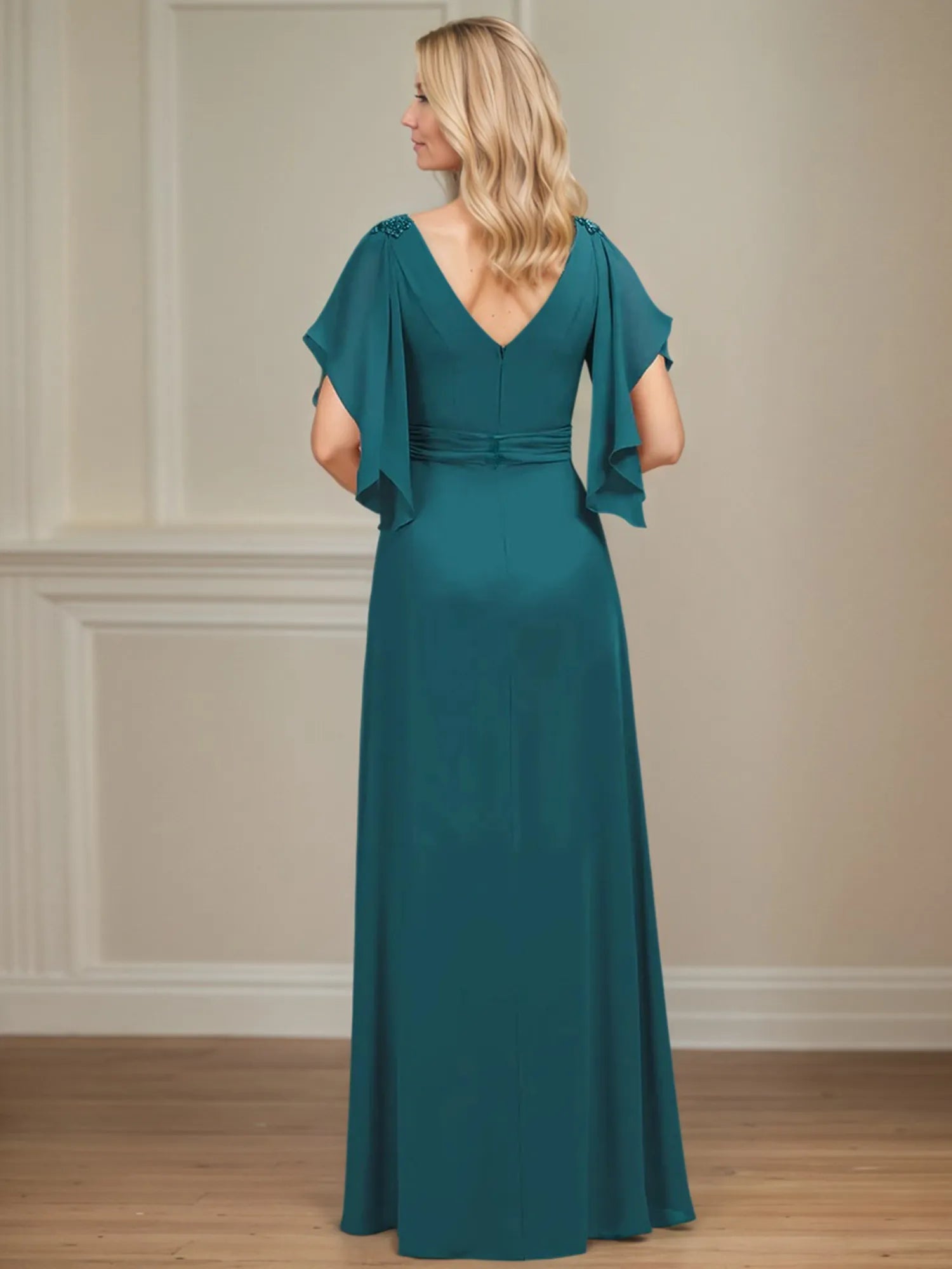 A-Linien V-Ausschnitt Appliziertes bodenlanges Kleid für die Brautmutter mit Rüschen