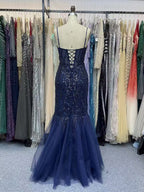 Glamorous Navy Blue V-Neck Beaded Mermaid Prom Dress