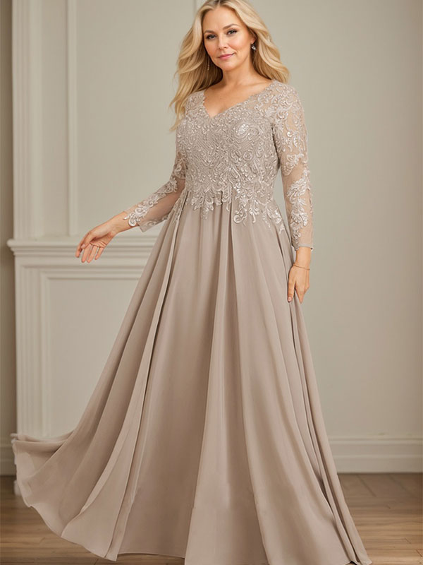 Vestido para madre de la novia línea A con escote en V, largo hasta el suelo, de encaje y gasa con lentejuelas