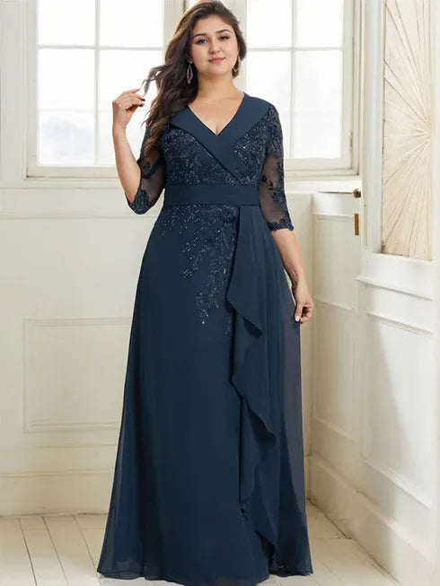 Robe de mère de la mariée en dentelle et chiffon, coupe A, col V avec col, longueur au sol, sequins et volants en cascade