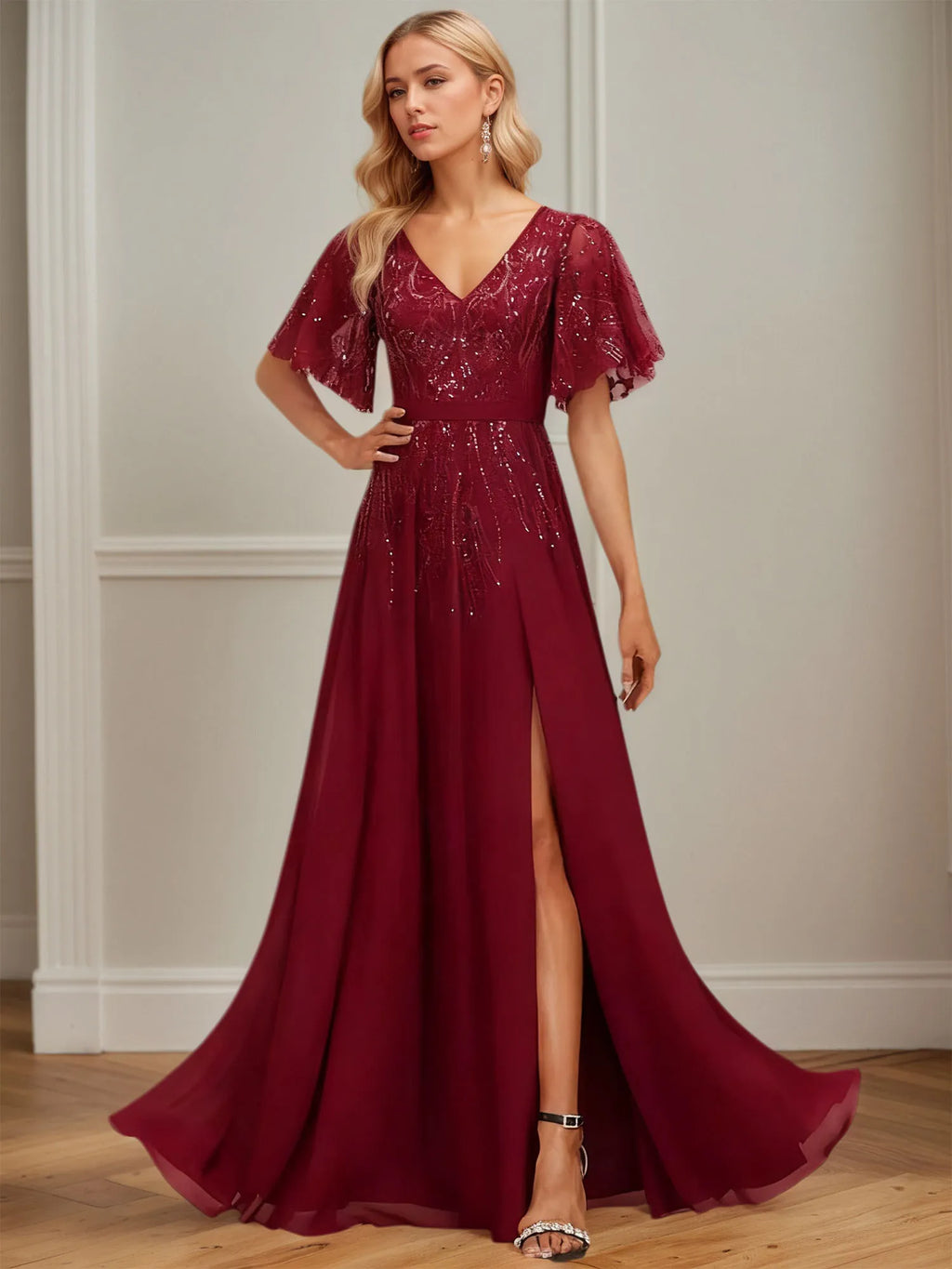 A-line V-Neck Floor-Length Lace Chiffon Evening Dress With Sequins