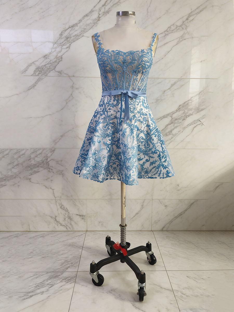 Vestido corto línea A floral con corsé y lazo para fiesta de regreso a casa con estampado azul