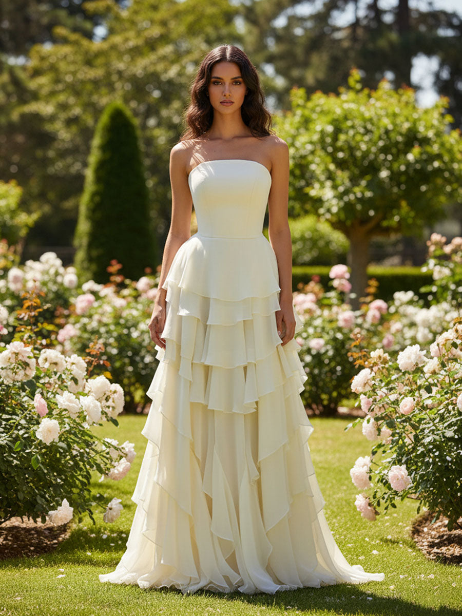 Vestido elegante de dama de honor sin tirantes, sin mangas, con volantes y capas
