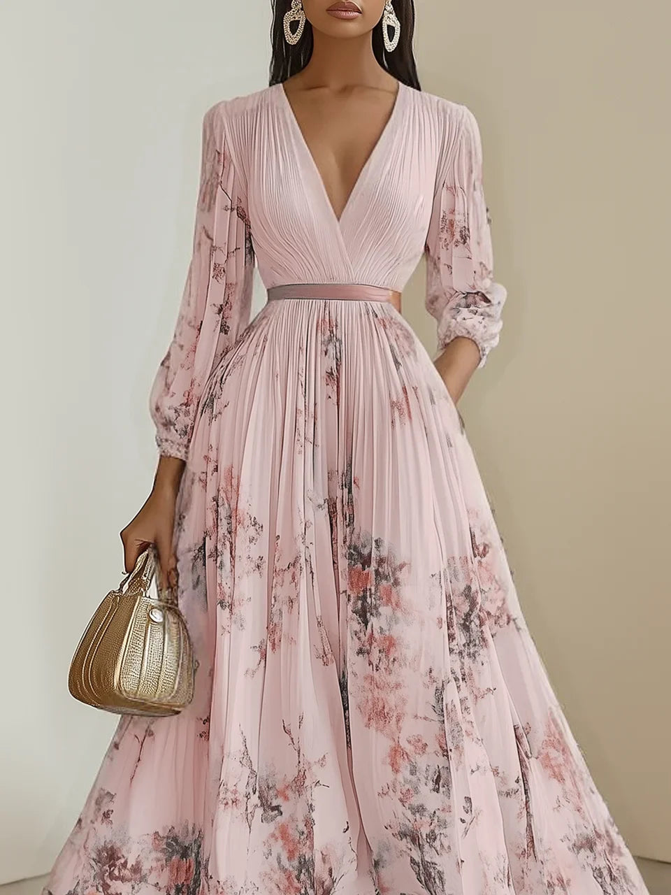 White Pleated Chiffon V Neck Floral Long Sleeve Balloon Sleeve A-Line Maxi Dress