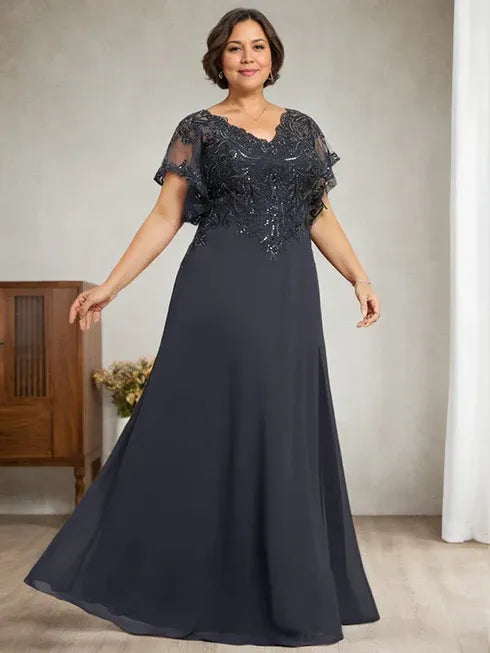 A-Linien V-Ausschnitt Bodenlanges Spitzen-Chiffon Kleid für die Brautmutter mit Pailletten