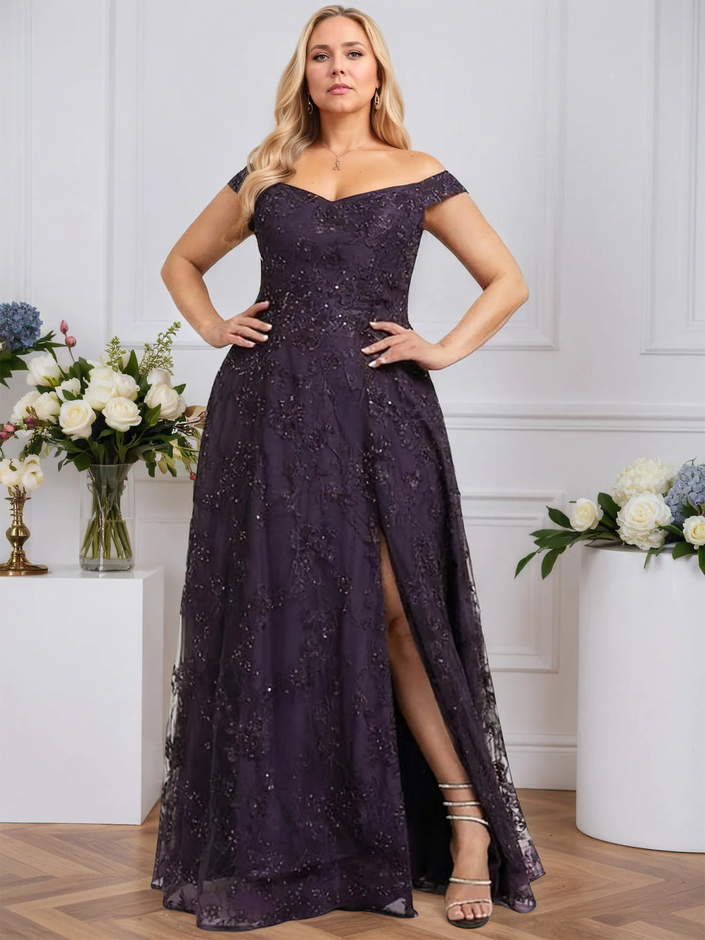 A-line Off the Shoulder Floor-Length Sequin Lace Evening Dress
