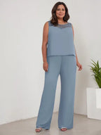 Chiffon Kleid mit Rundhalsausschnitt und langen Ärmeln, Mutter-der-Braut Hosenanzug mit Jacke