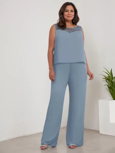 Chiffon Kleid mit Rundhalsausschnitt und langen Ärmeln, Mutter-der-Braut Hosenanzug mit Jacke