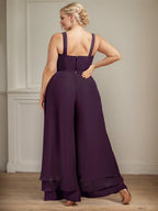 Conjunto separado mono/pantalón de encaje y gasa hasta el tobillo para madre de la novia con lentejuelas