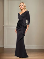Trumpet/Mermaid V Neck 3/4 Sleeve Floor Length Stretch Crepe Mother of the Bride Dress With Ruffles