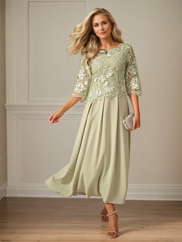 Robe mère de la mariée maxi en dentelle froncée ligne A col rond à volants
