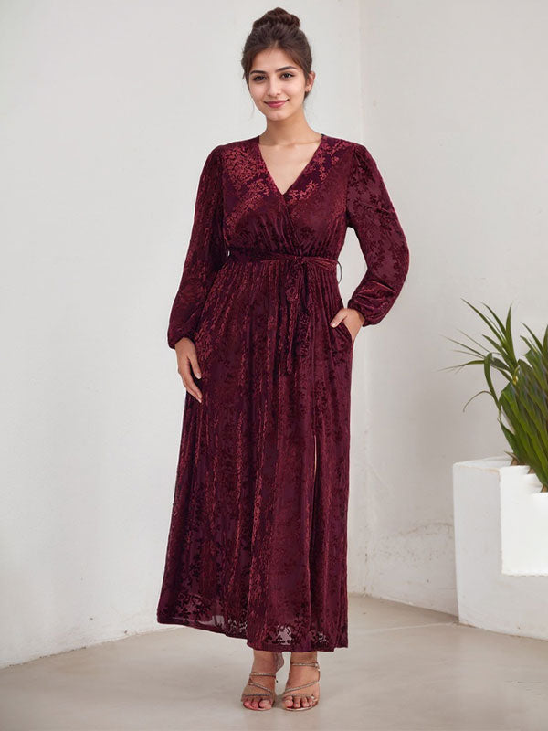 Robe mère de la mariée en velours, ligne A, col en V, manches longues, longueur thé avec fente