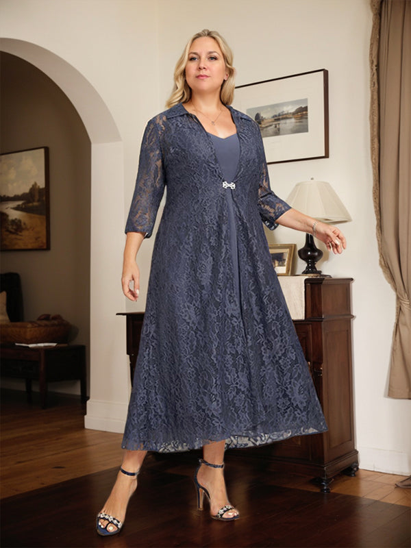 Abito da madre della sposa in chiffon a linea A, scollo a V, lunghezza tea