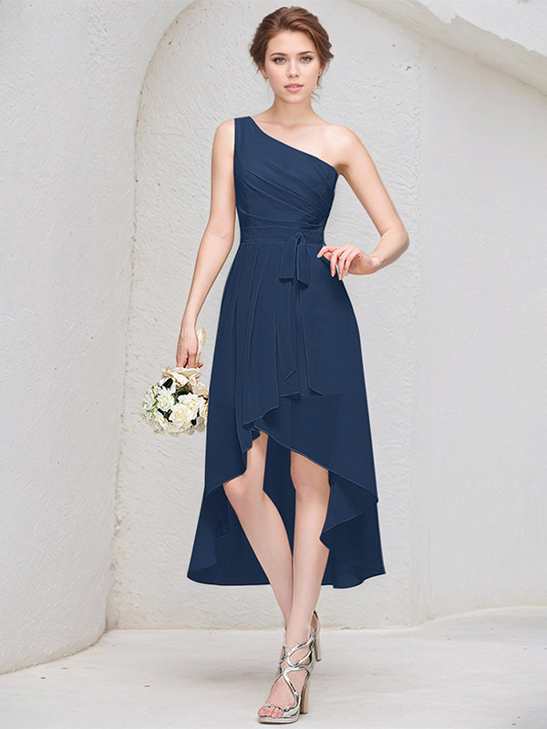 Abito da damigella a linea A blu scuro monospalla senza maniche in chiffon asimmetrico