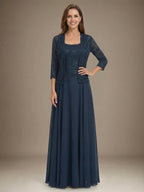 Vestido de mãe da noiva longo em chiffon de renda, corte em linha A e decote quadrado com lantejoulas