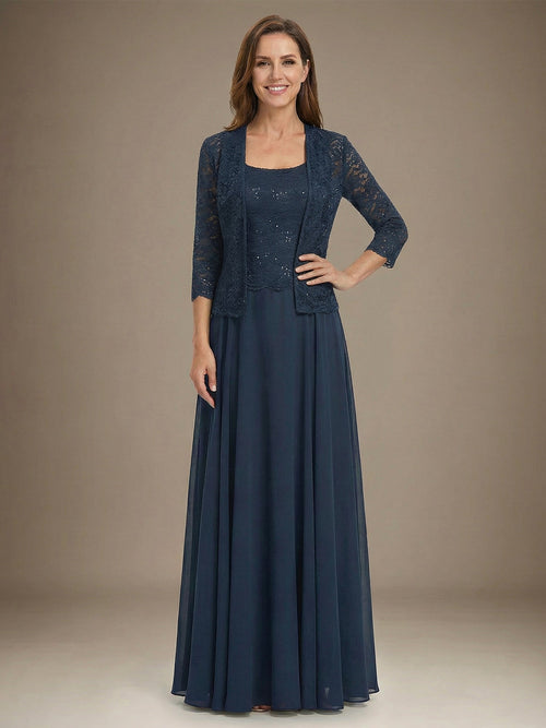 Robe de mère de la mariée en mousseline de dentelle, ligne A, longueur au sol, col carré avec sequins