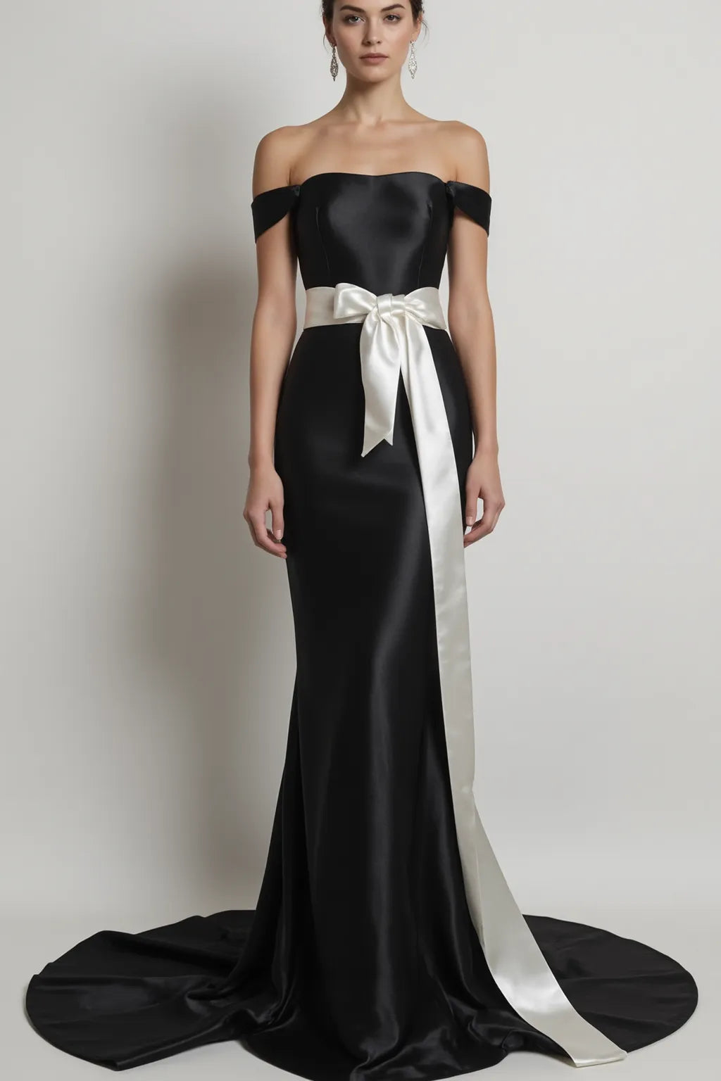 Elegant Evening Dress Satin Off Shoulder Mermaid White Belt Gown