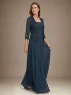 Vestido de mãe da noiva longo em chiffon de renda, corte em linha A e decote quadrado com lantejoulas