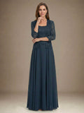 Vestido de mãe da noiva longo em chiffon de renda, corte em linha A e decote quadrado com lantejoulas