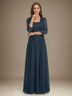 Vestido de mãe da noiva longo em chiffon de renda, corte em linha A e decote quadrado com lantejoulas