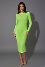 Long Sleeve Rhinestone Midi Bodycon Dress with Crew Neckline