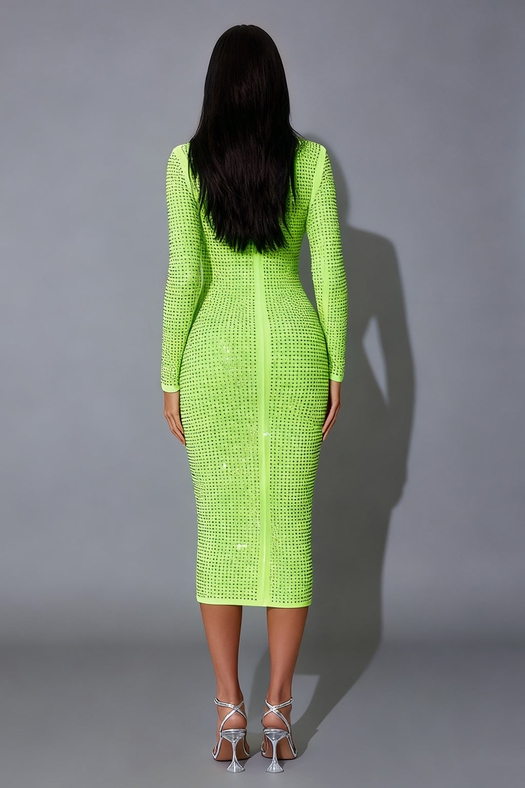 Long Sleeve Rhinestone Midi Bodycon Dress with Crew Neckline
