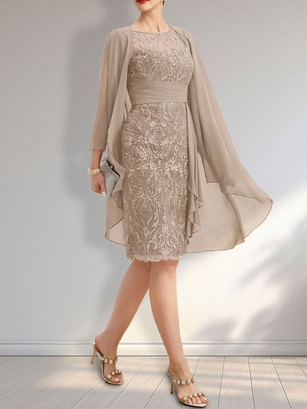 Vestido de madre de la novia hasta la rodilla estilo columna con escote ilusión redondo, encaje, gasa, volantes en cascada y lentejuelas