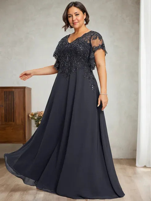 A-Linien V-Ausschnitt Bodenlanges Spitzen-Chiffon Kleid für die Brautmutter mit Pailletten
