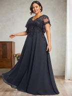 A-Linien V-Ausschnitt Bodenlanges Spitzen-Chiffon Kleid für die Brautmutter mit Pailletten