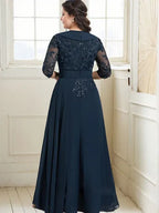 Robe de mère de la mariée en dentelle et chiffon, coupe A, col V avec col, longueur au sol, sequins et volants en cascade