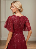 A-line V-Neck Floor-Length Lace Chiffon Evening Dress With Sequins