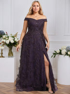 A-line Off the Shoulder Floor-Length Sequin Lace Evening Dress