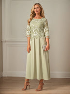Robe mère de la mariée maxi en dentelle froncée ligne A col rond à volants