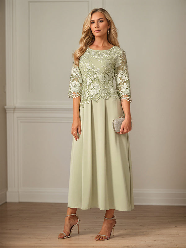 Robe mère de la mariée maxi en dentelle froncée ligne A col rond à volants