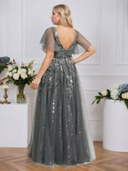 A-line V-Neck Floor-Length Tulle Lace Evening Dress With Sequins