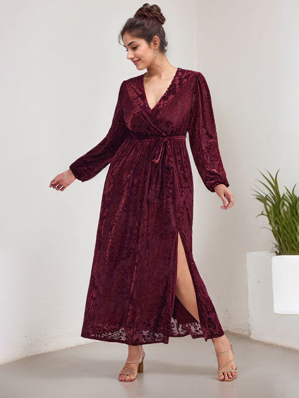 A-Linien V-Ausschnitt langärmliges Samt Tee-Länge Kleid für die Brautmutter mit Schlitz