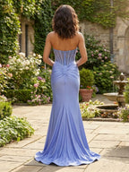 Lavendel trägerloses Satin Perlen-Bustier Korsett Ballkleid mit Schlitz