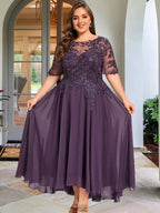 A-Linien Scoop-Ausschnitt Illusion asymmetrisches Chiffon-Spitzen-Mutter-der-Braut-Kleid mit Pailletten