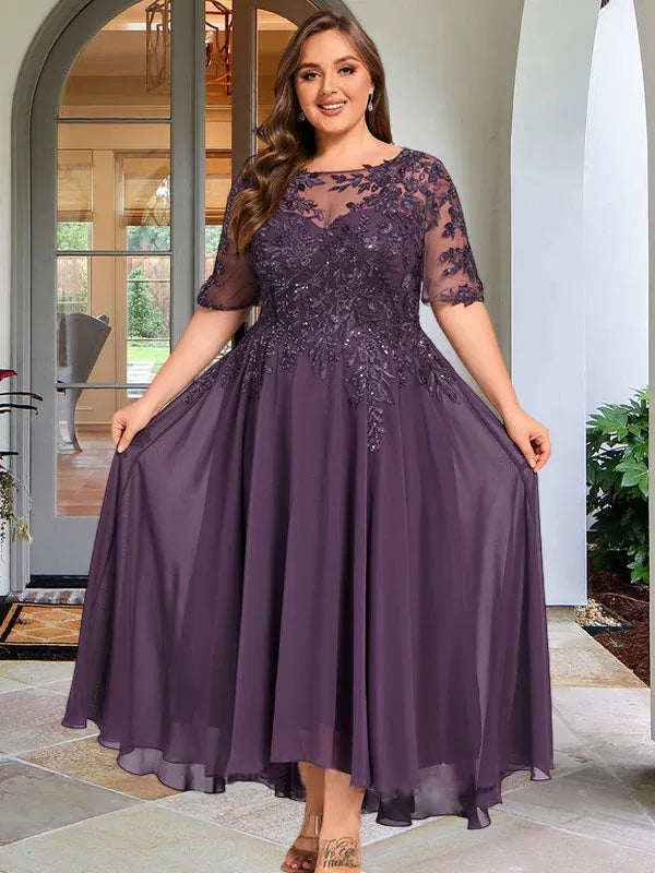 A-Linien Scoop-Ausschnitt Illusion asymmetrisches Chiffon-Spitzen-Mutter-der-Braut-Kleid mit Pailletten