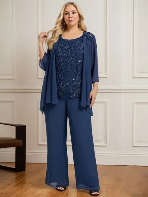 Conjunto separado mono/pantalón con escote redondo, encaje y gasa largo hasta el suelo para madre de la novia con lentejuelas