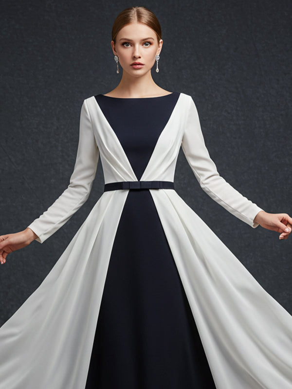 Elegant Formal Evening Work Black White Dress Pleated Simple V-Neck Maxi Dress