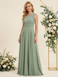 One Shoulder Pleat A Line Chiffon Long Bridesmaid Dresses for Women