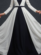 Elegant Formal Evening Work Black White Dress Pleated Simple V-Neck Maxi Dress
